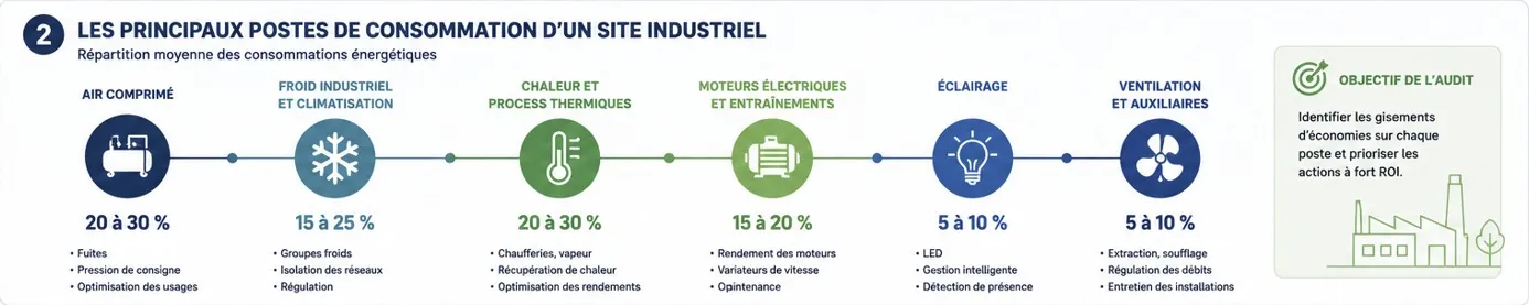 Les principaux postes de consommation d'un site industriel — répartition moyenne | Energyz Principaux postes de consommation d'un site industriel : air comprimé, froid, chaleur process, moteurs, éclairage et ventilation