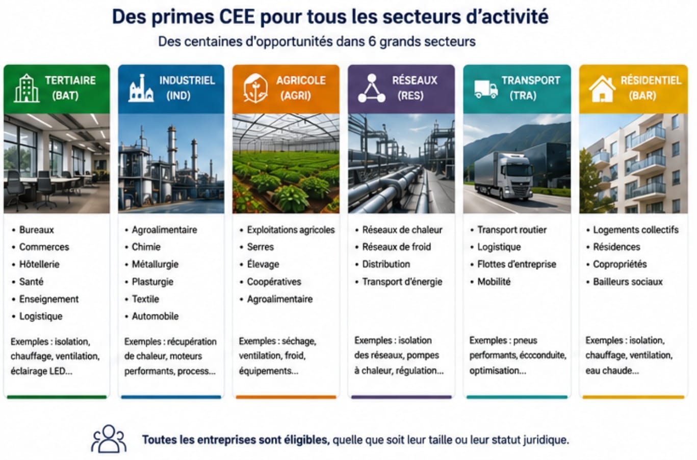 Primes CEE entreprise : tous les secteurs éligibles — tertiaire, industrie, agricole, réseaux, transport, résidentiel